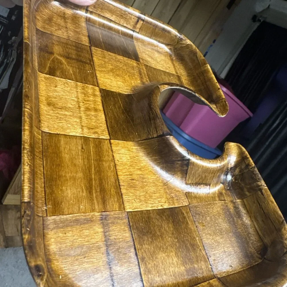 Set of 4 Vintage Mid Century Pressed Woven Patchwork Wooden Snack Trays